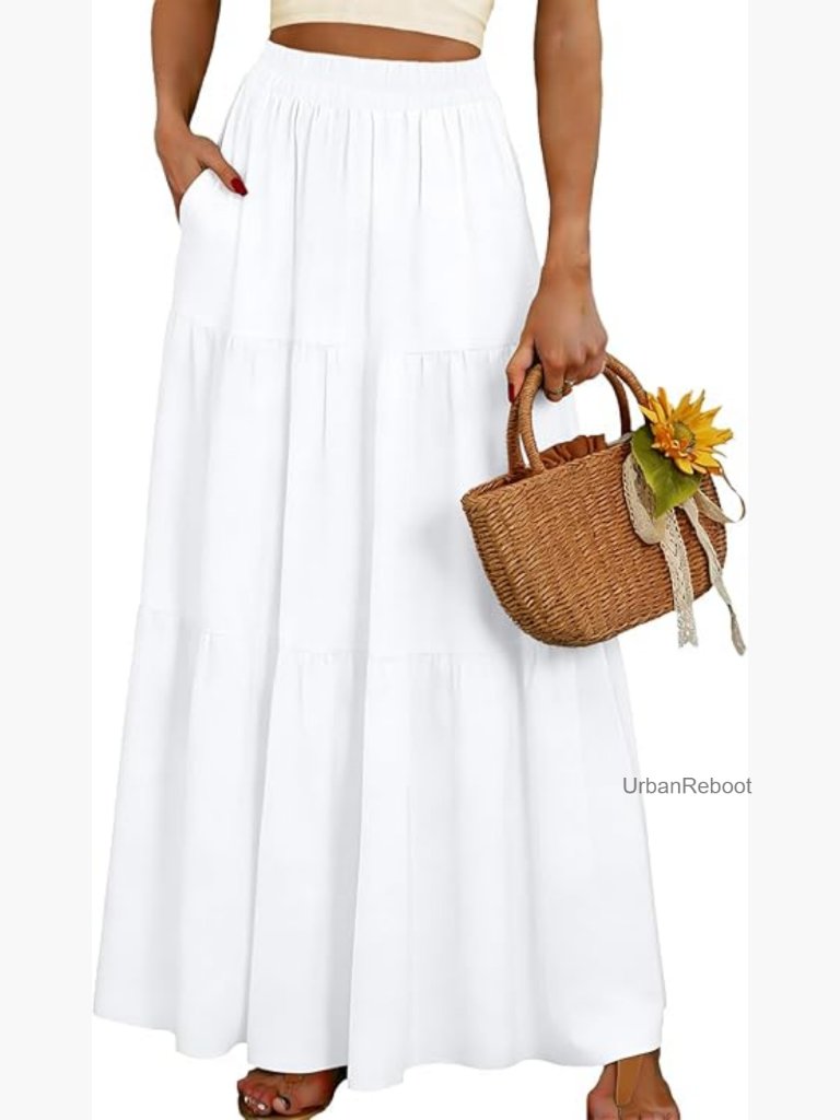 Boho Maxi Skirt High Waisted A-Line Flowy Long Skirts With Pockets